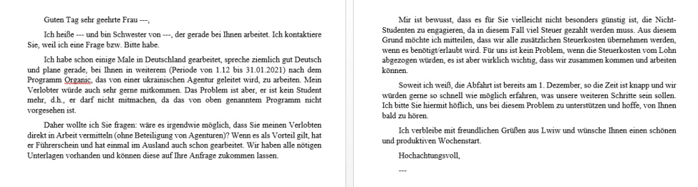 A letter to an employer in Germany